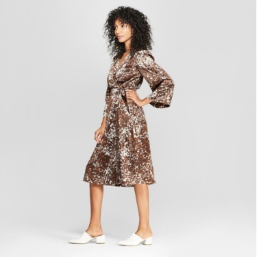 NWT Prologue Brown Belted Wrap Midi Dress with Kimono Sleeves